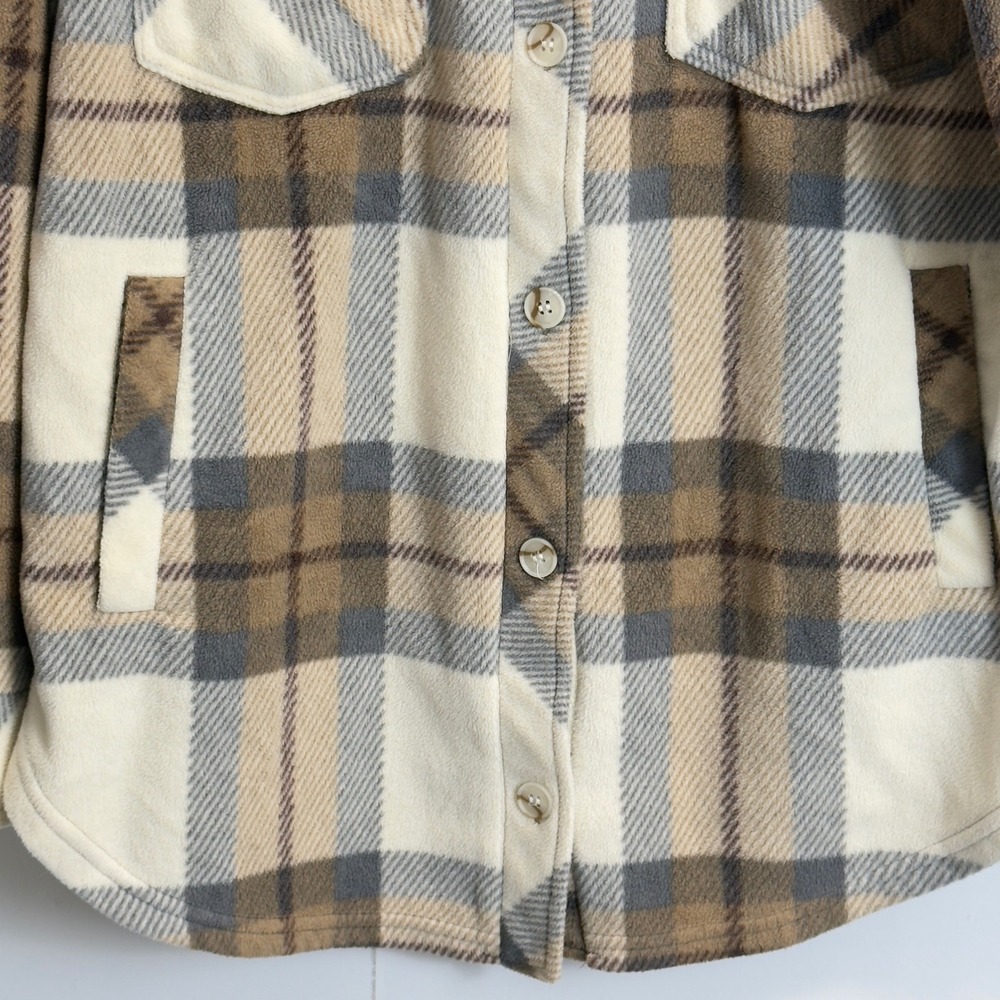 Thread & Supply Brown Beige Plaid Fleece Shacket Button Front Jacket Small - Picture 5 of 8